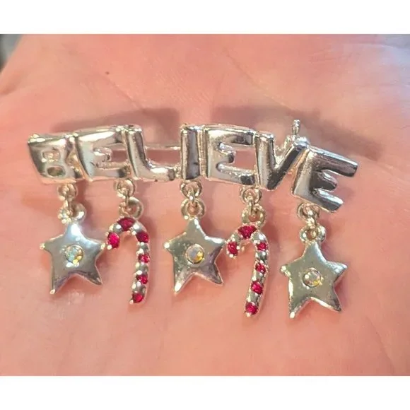 Vintage Christmas Holiday Brooch Pin Lot Of 3 Christmas Tree Believe Festive - Picture 4 of 9